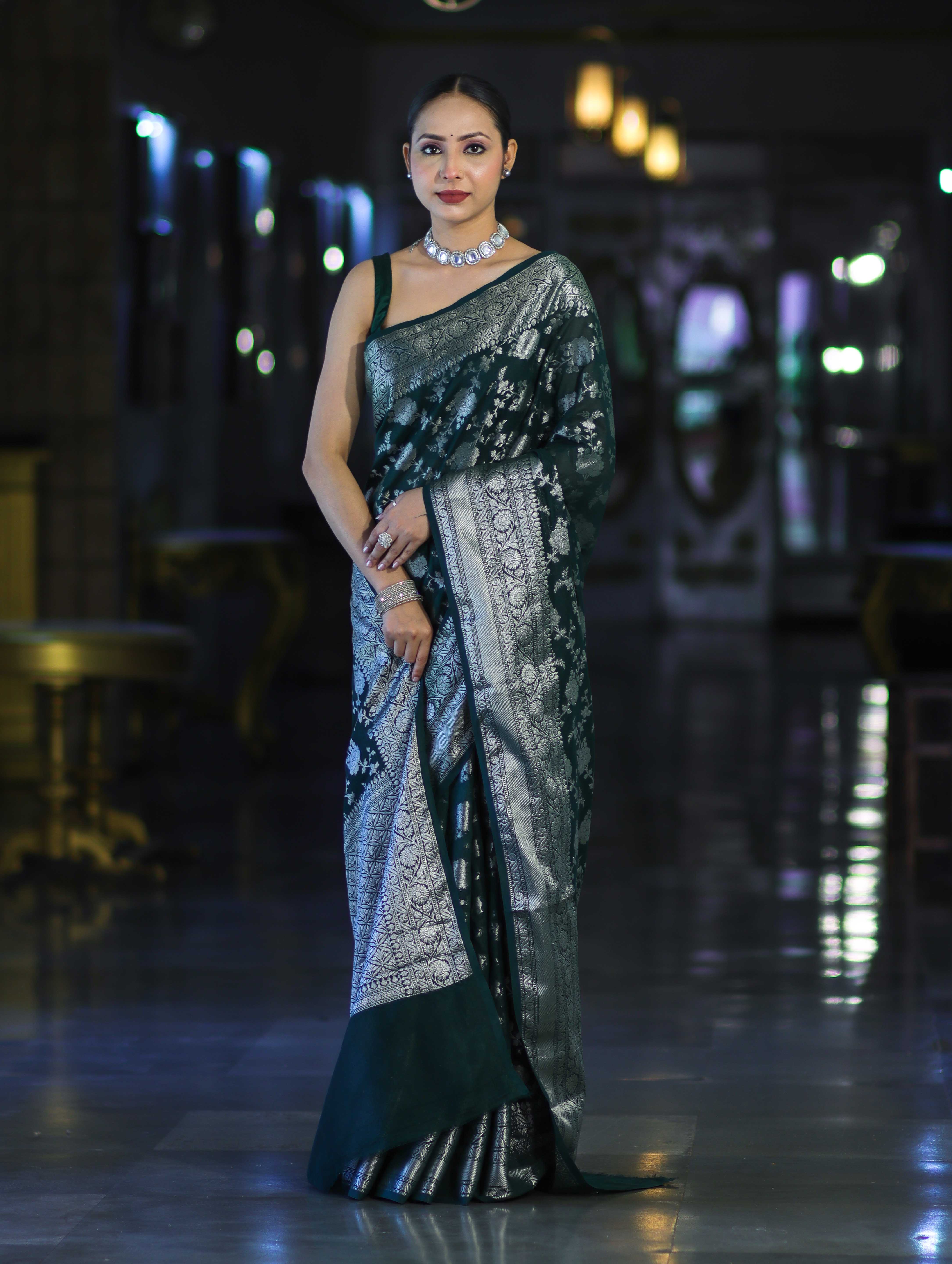 Banarasee Handwoven Georgette Saree With Zari Jaal Design & Border-Deep Green