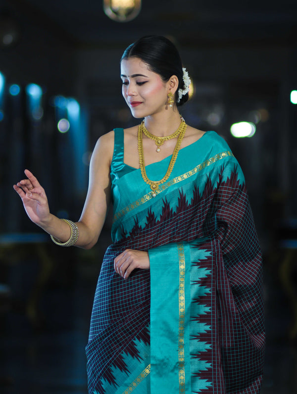 Banarasee Handloom Semi Silk Saree With Zari Checks Design & Temple Border-Burgundy & Green