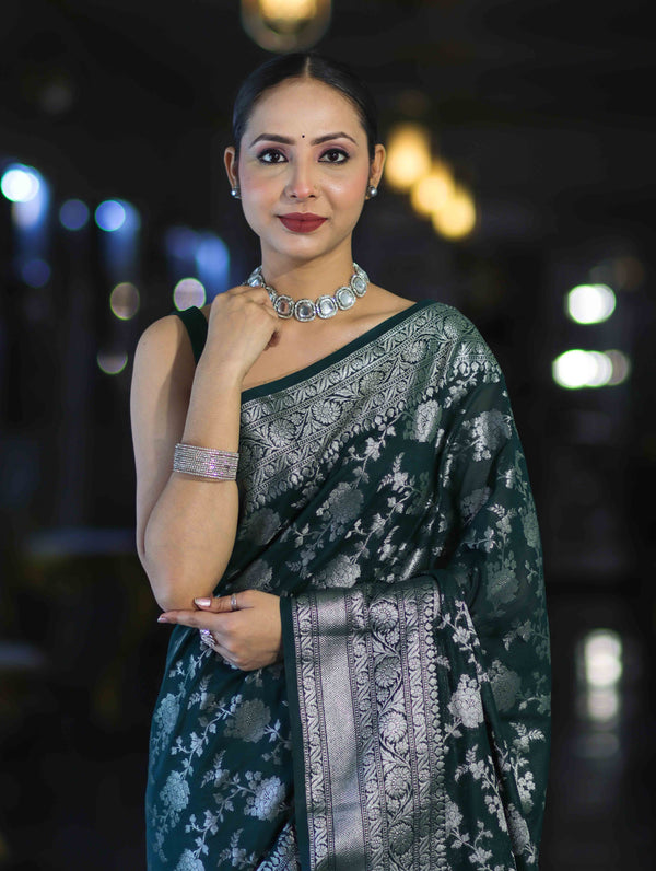 Banarasee Handwoven Georgette Saree With Zari Jaal Design & Border-Deep Green