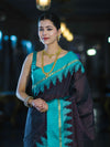 Banarasee Handloom Semi Silk Saree With Zari Checks Design & Temple Border-Burgundy & Green