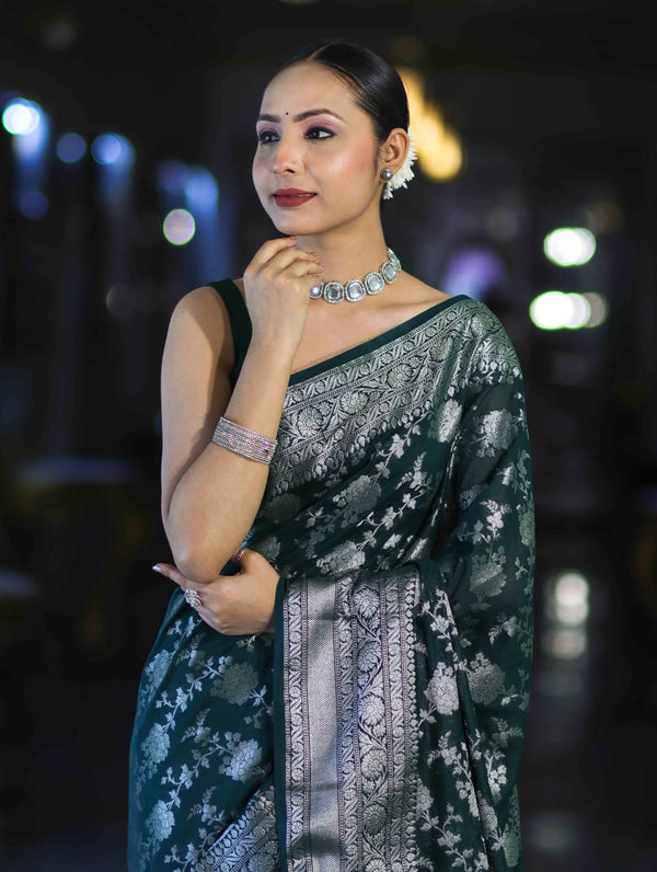 Banarasee Handwoven Georgette Saree With Zari Jaal Design & Border-Deep Green