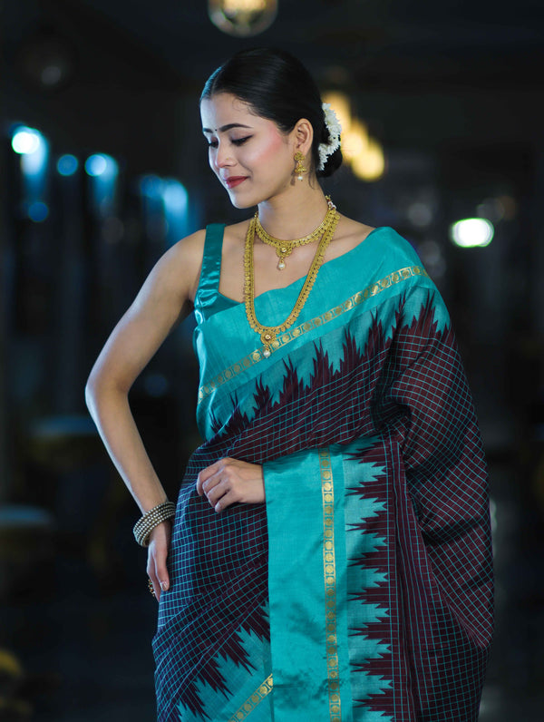 Banarasee Handloom Semi Silk Saree With Zari Checks Design & Temple Border-Burgundy & Green