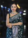 Banarasee Handwoven Georgette Saree With Zari Jaal Design & Border-Deep Green