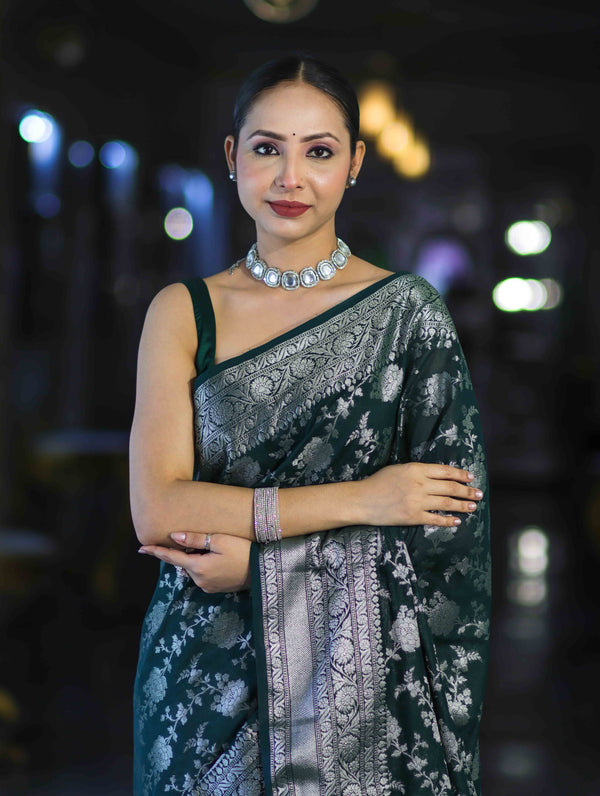 Banarasee Handwoven Georgette Saree With Zari Jaal Design & Border-Deep Green