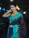 Banarasee Handloom Semi Silk Saree With Zari Checks Design & Temple Border-Burgundy & Green
