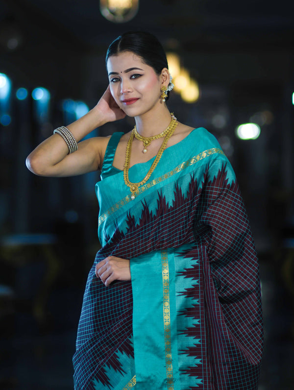 Banarasee Handloom Semi Silk Saree With Zari Checks Design & Temple Border-Burgundy & Green