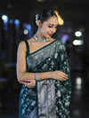 Banarasee Handwoven Georgette Saree With Zari Jaal Design & Border-Deep Green