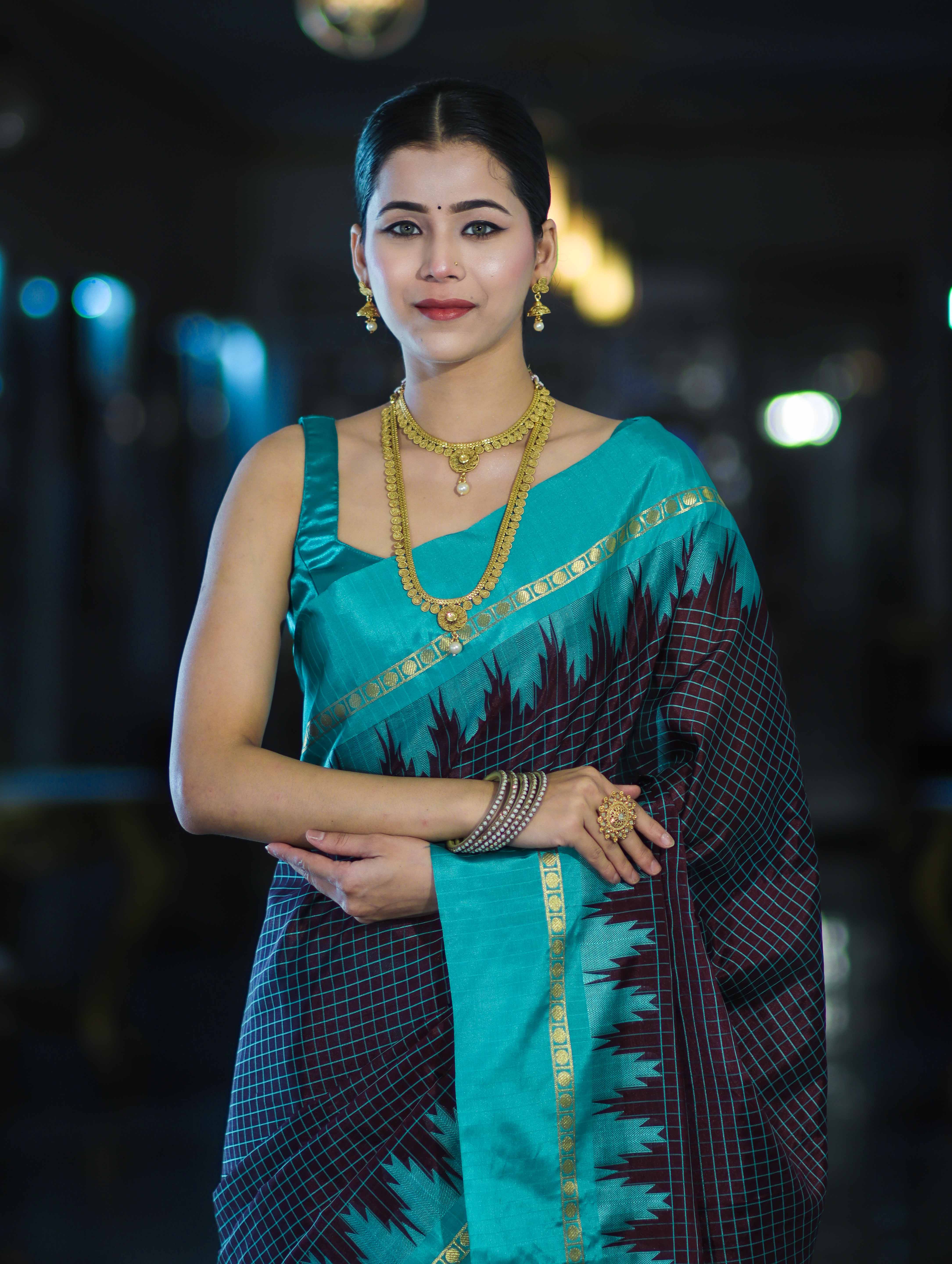 Banarasee Handloom Semi Silk Saree With Zari Checks Design & Temple Border-Burgundy & Green