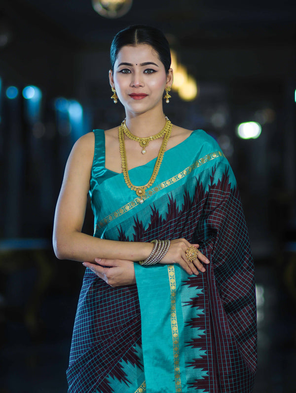 Banarasee Handloom Semi Silk Saree With Zari Checks Design & Temple Border-Burgundy & Green