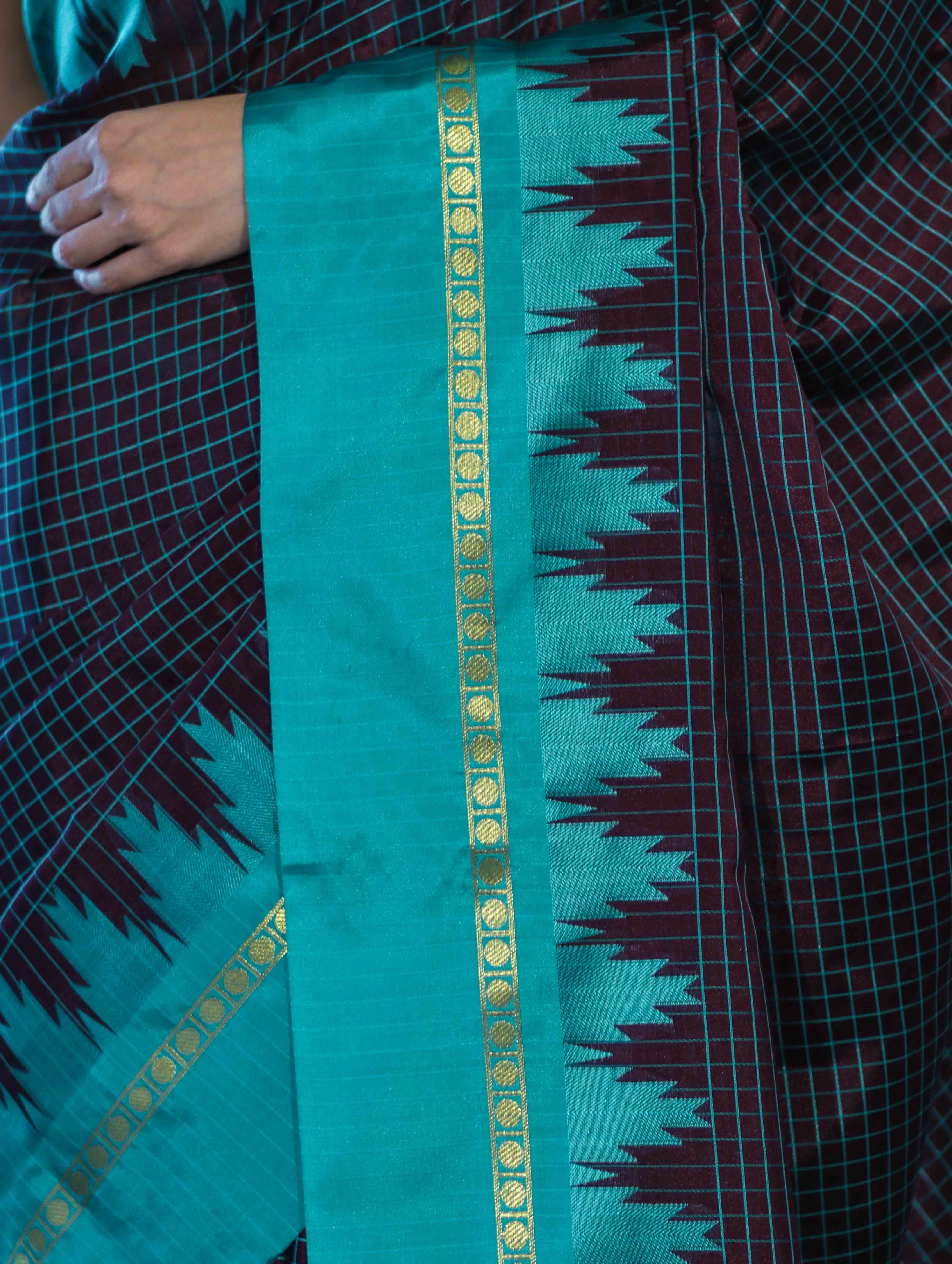 Banarasee Handloom Semi Silk Saree With Zari Checks Design & Temple Border-Burgundy & Green