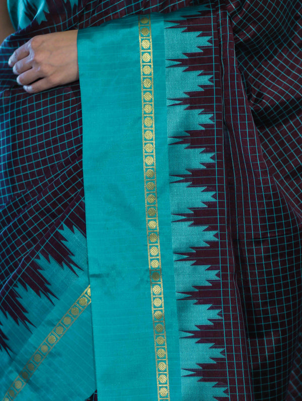 Banarasee Handloom Semi Silk Saree With Zari Checks Design & Temple Border-Burgundy & Green