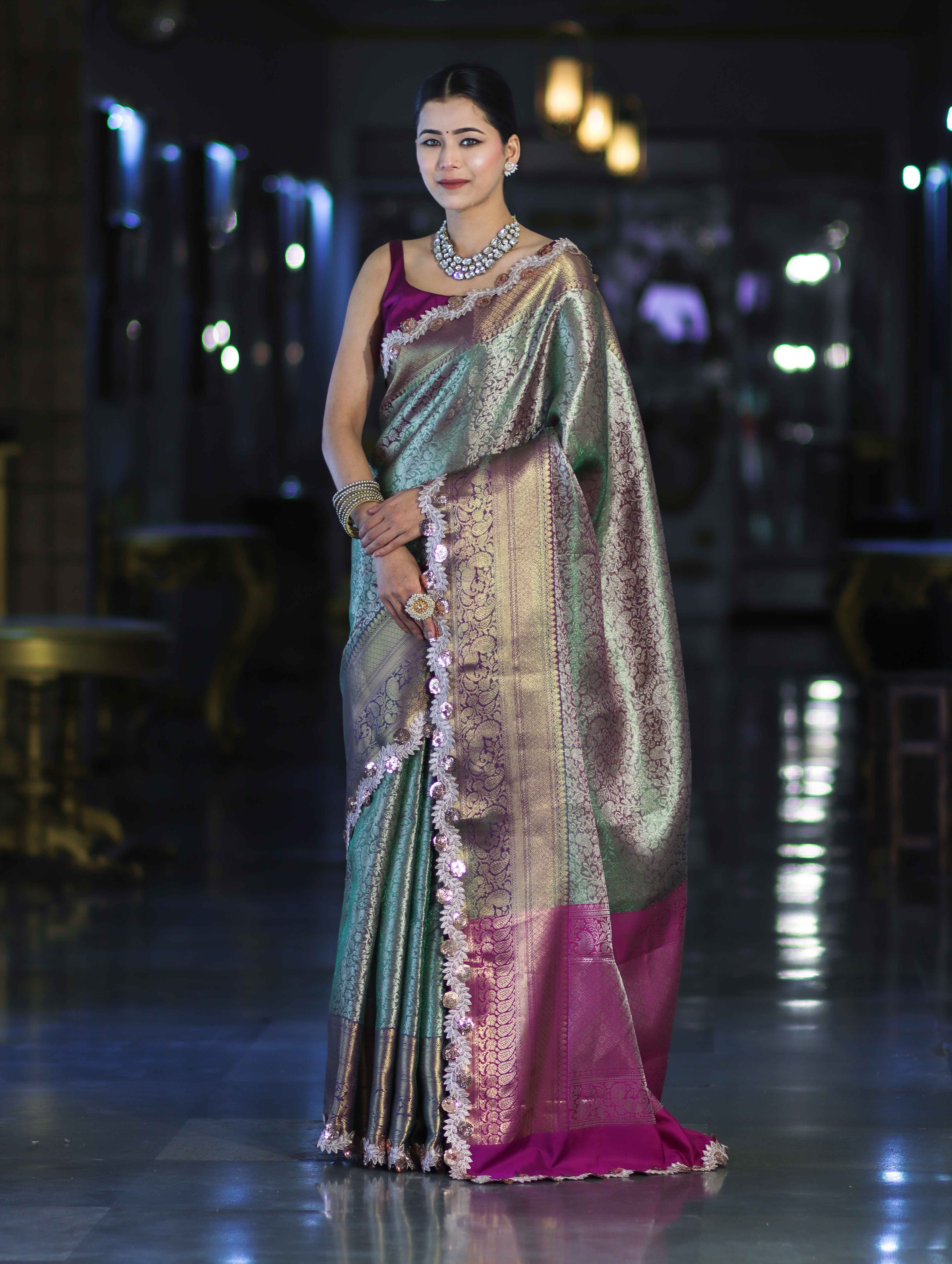 Banarasee Handloom Dual Tone Tissue Saree With Zari Weaving Floral Work & Lace Border-Green & Violet