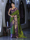 Banarasee Handloom Semi Silk Saree With Zari Checks Design & Contrast Border-Green & Purple