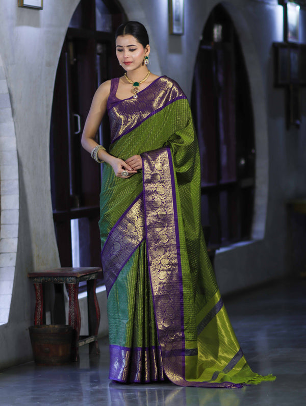 Banarasee Handloom Semi Silk Saree With Zari Checks Design & Contrast Border-Green & Purple