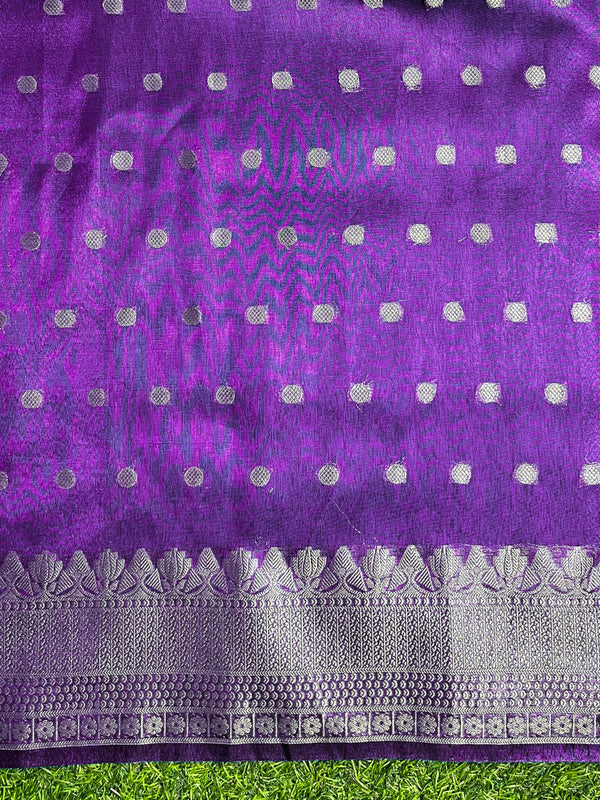 Banarasee Handloom Tissue Saree With Buti Design Zari Border & Lace-Violet