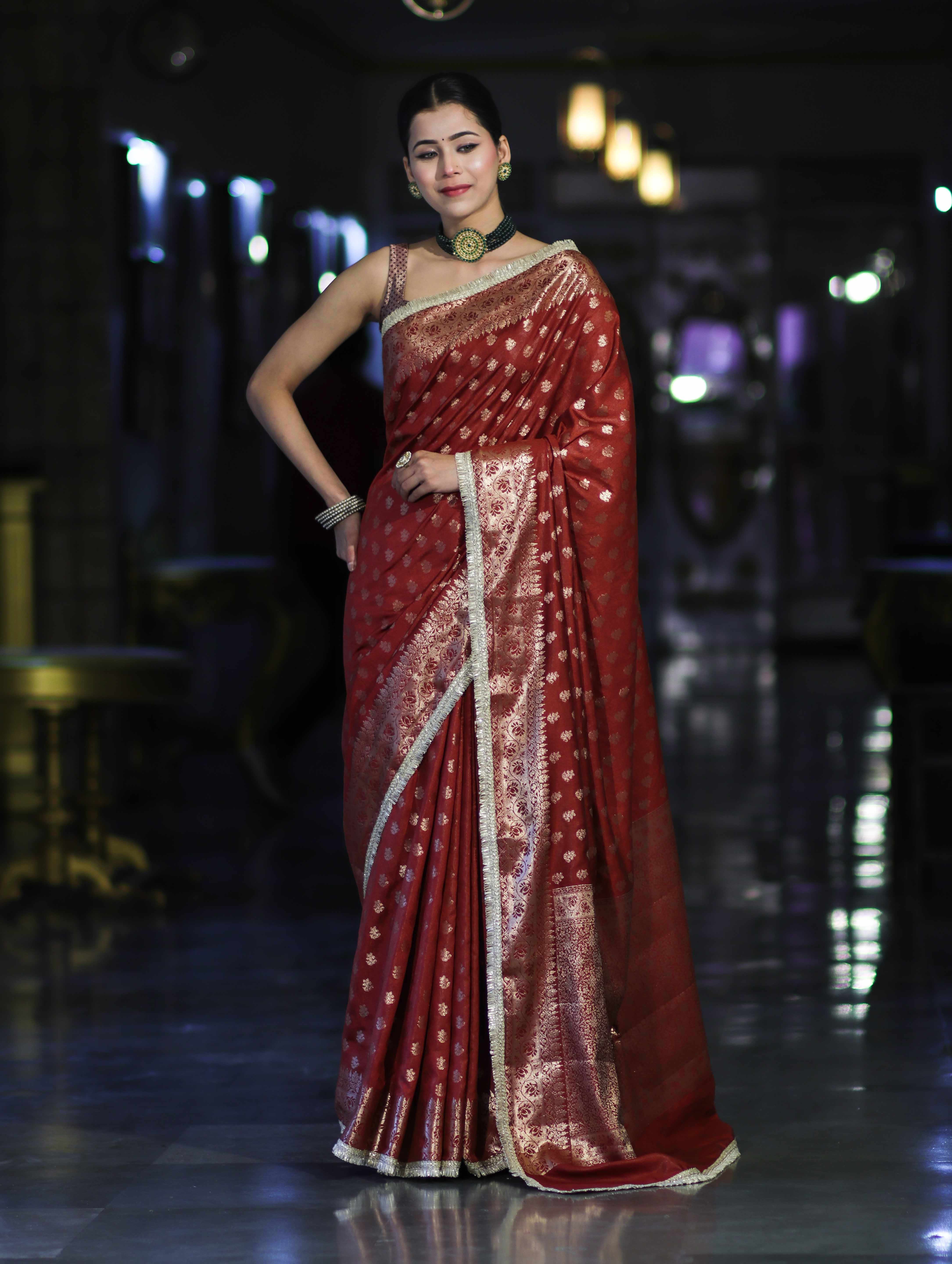 Banarasee Handloom Semi Silk Saree With Zari Buti Design & Lace Border-Dark Rust