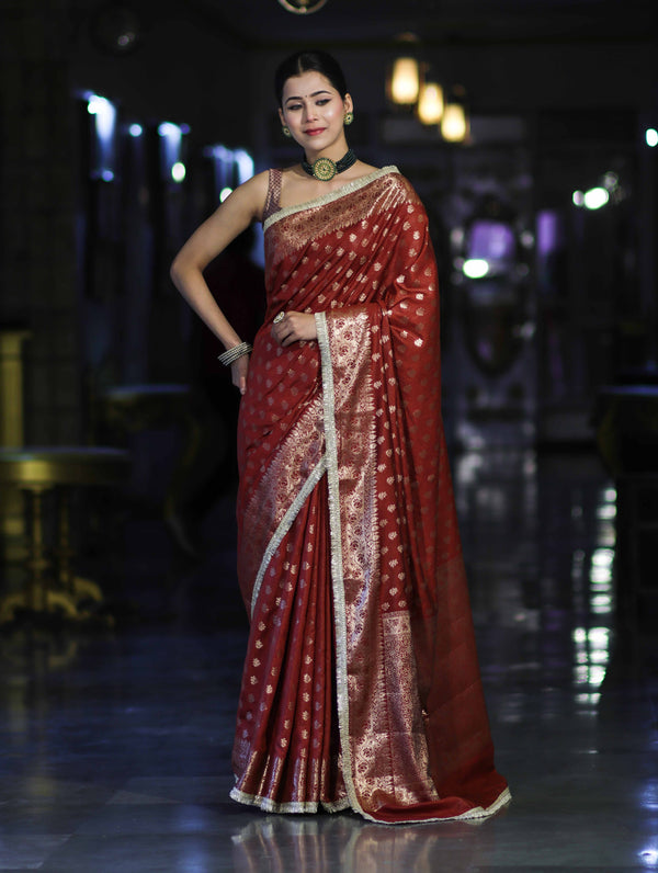 Banarasee Handloom Semi Silk Saree With Zari Buti Design & Lace Border-Dark Rust