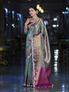 Banarasee Handloom Dual Tone Tissue Saree With Zari Weaving Floral Work & Lace Border-Green & Violet