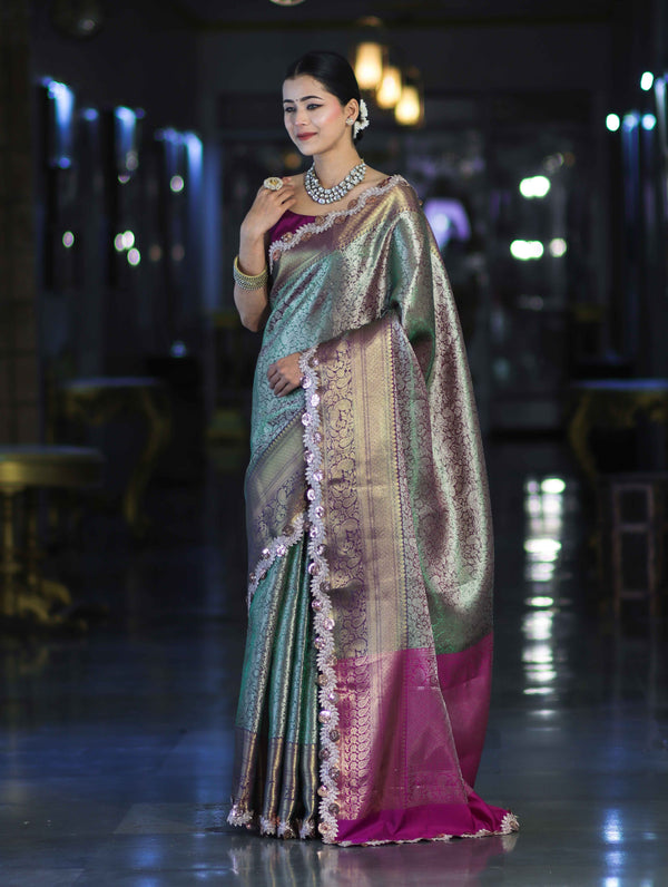 Banarasee Handloom Dual Tone Tissue Saree With Zari Weaving Floral Work & Lace Border-Green & Violet