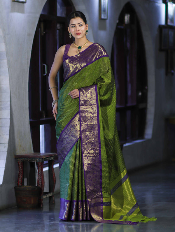 Banarasee Handloom Semi Silk Saree With Zari Checks Design & Contrast Border-Green & Purple