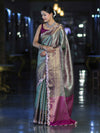 Banarasee Handloom Dual Tone Tissue Saree With Zari Weaving Floral Work & Lace Border-Green & Violet