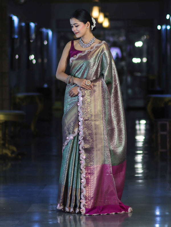 Banarasee Handloom Dual Tone Tissue Saree With Zari Weaving Floral Work & Lace Border-Green & Violet