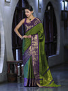 Banarasee Handloom Semi Silk Saree With Zari Checks Design & Contrast Border-Green & Purple