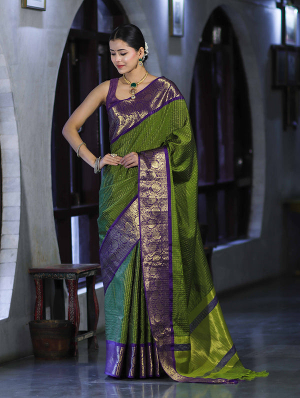 Banarasee Handloom Semi Silk Saree With Zari Checks Design & Contrast Border-Green & Purple