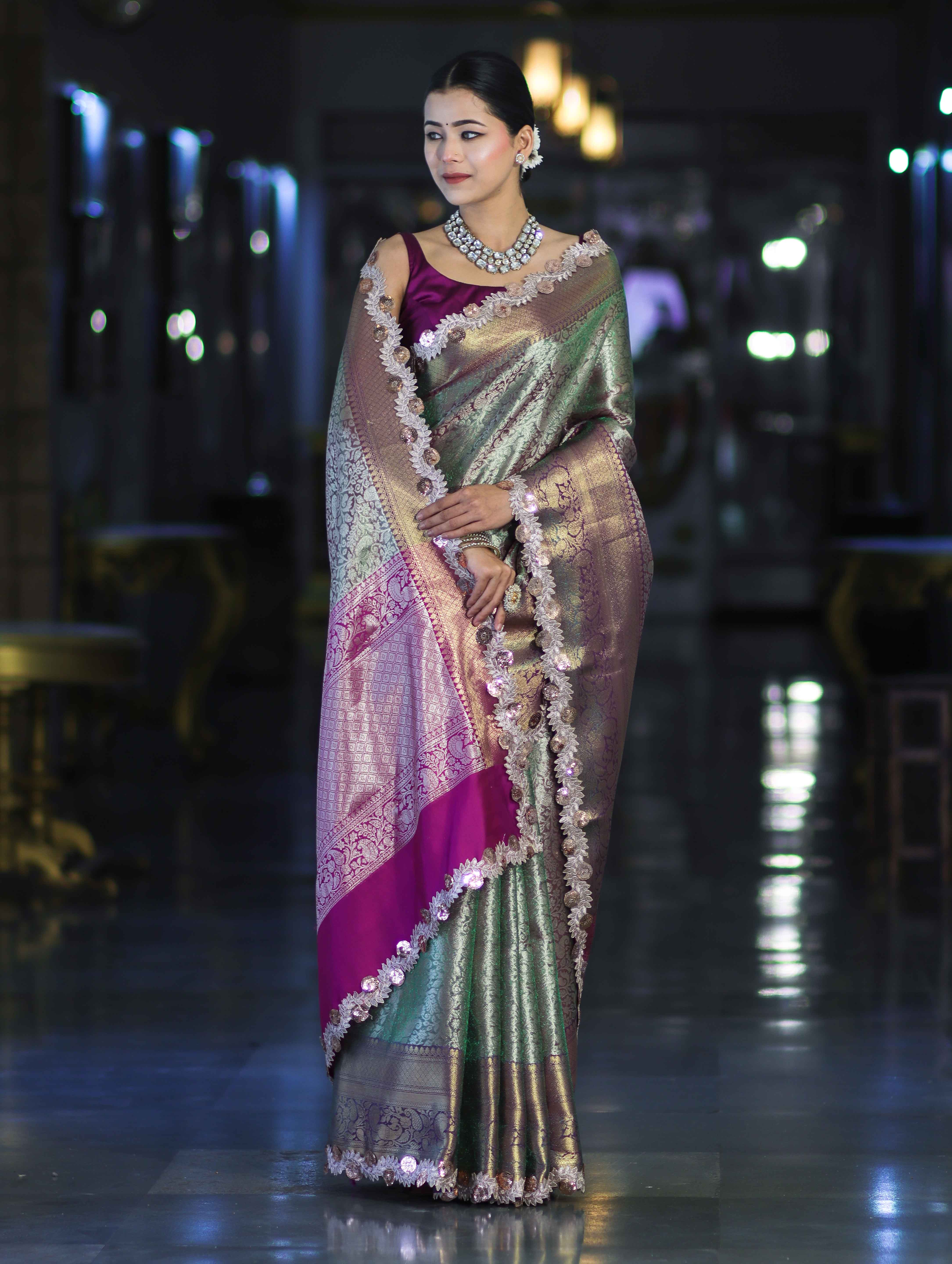 Banarasee Handloom Dual Tone Tissue Saree With Zari Weaving Floral Work & Lace Border-Green & Violet