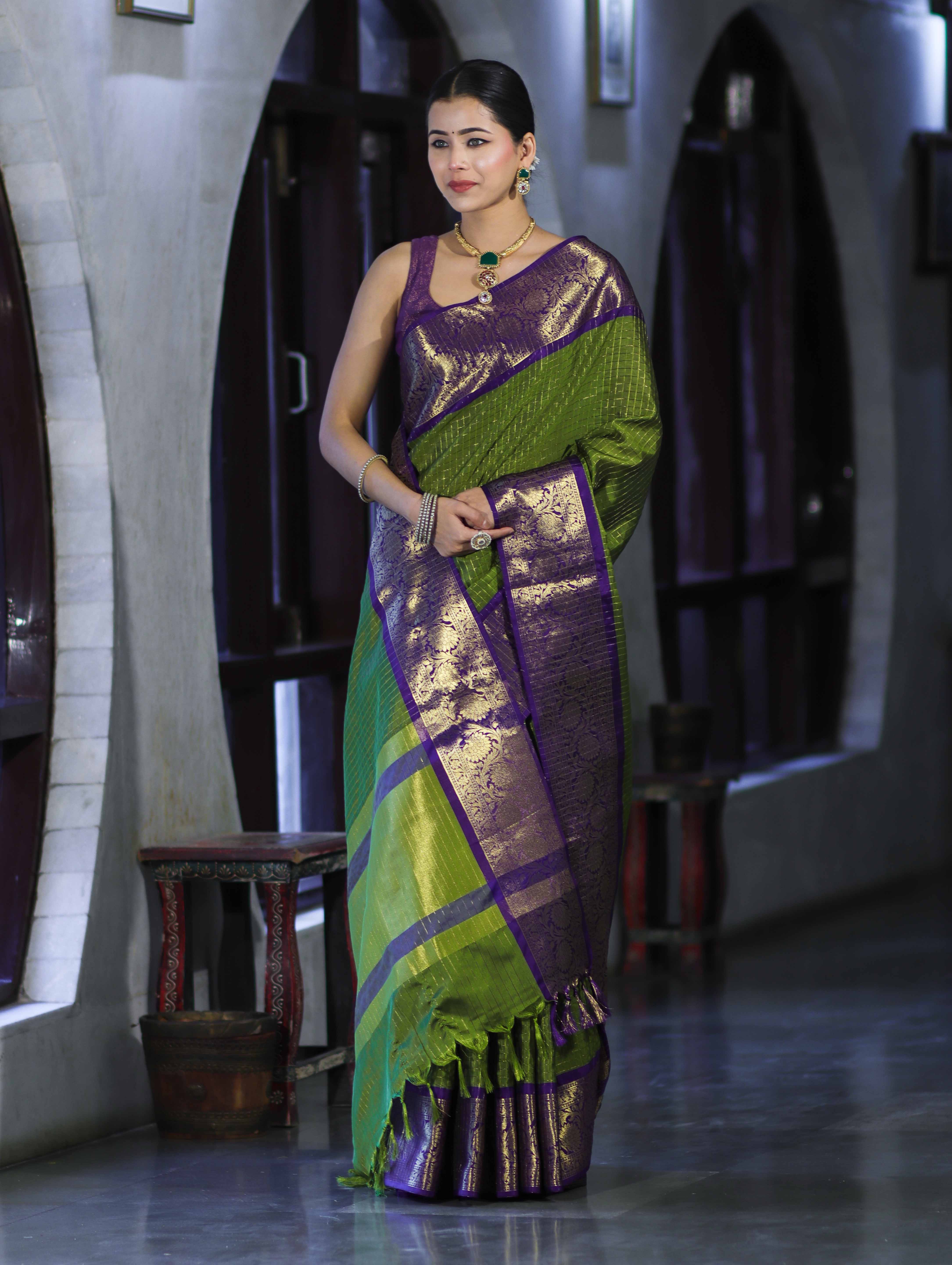 Banarasee Handloom Semi Silk Saree With Zari Checks Design & Contrast Border-Green & Purple