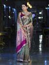 Banarasee Handloom Dual Tone Tissue Saree With Zari Weaving Floral Work & Lace Border-Green & Violet