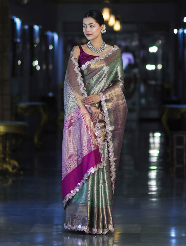 Banarasee Handloom Dual Tone Tissue Saree With Zari Weaving Floral Work & Lace Border-Green & Violet