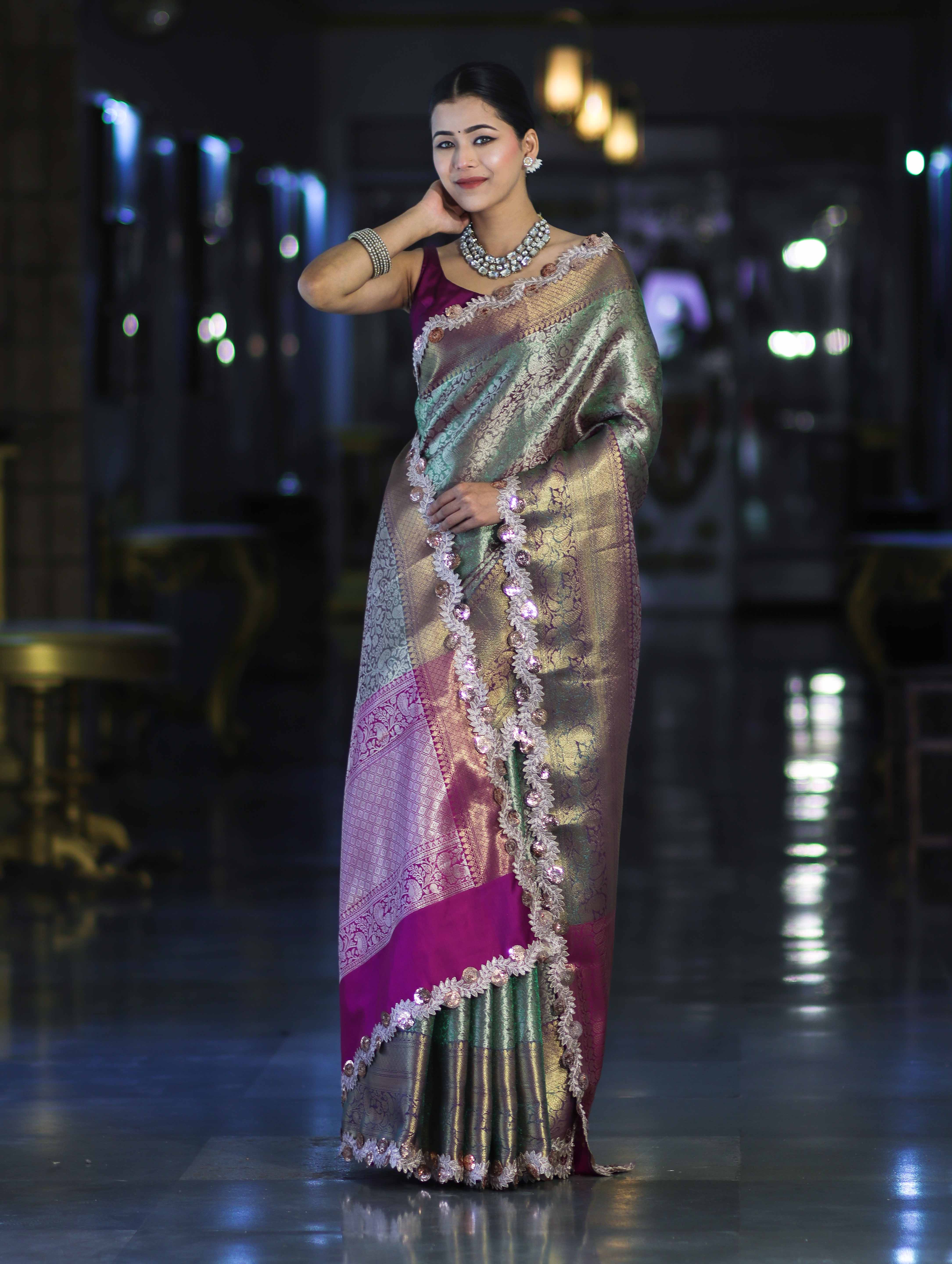 Banarasee Handloom Dual Tone Tissue Saree With Zari Weaving Floral Work & Lace Border-Green & Violet
