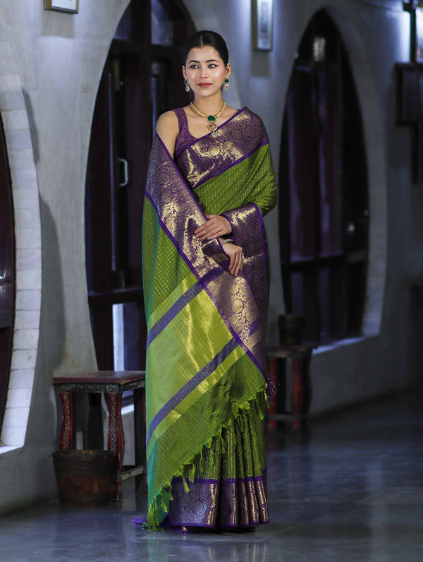Banarasee Handloom Semi Silk Saree With Zari Checks Design & Contrast Border-Green & Purple