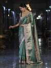 Banarasee Handloom Tissue Saree With Zari Weaving Floral Work & Lace Border-Green