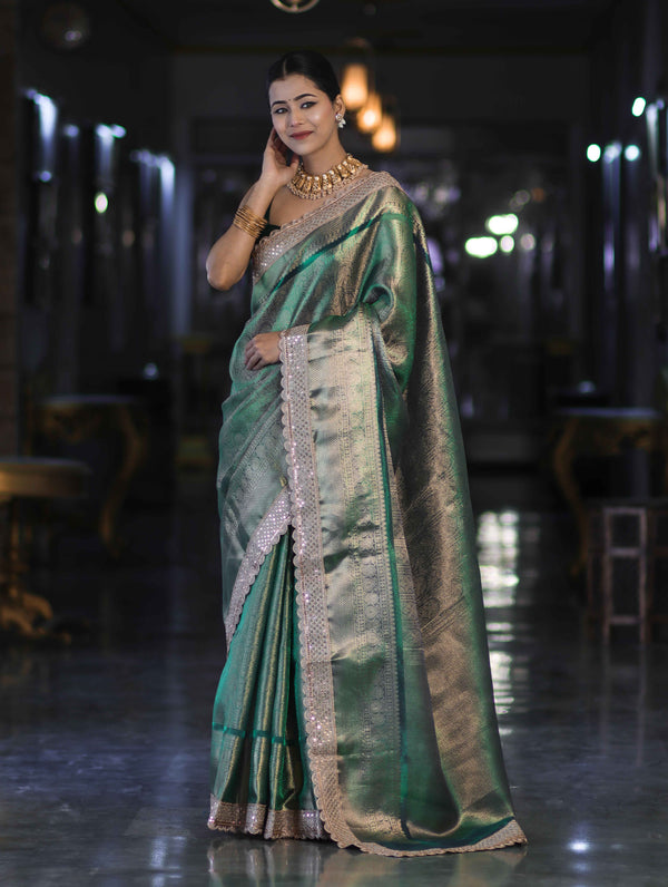 Banarasee Handloom Tissue Saree With Zari Weaving Floral Work & Lace Border-Green