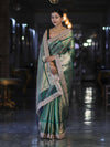 Banarasee Handloom Tissue Saree With Zari Weaving Floral Work & Lace Border-Green