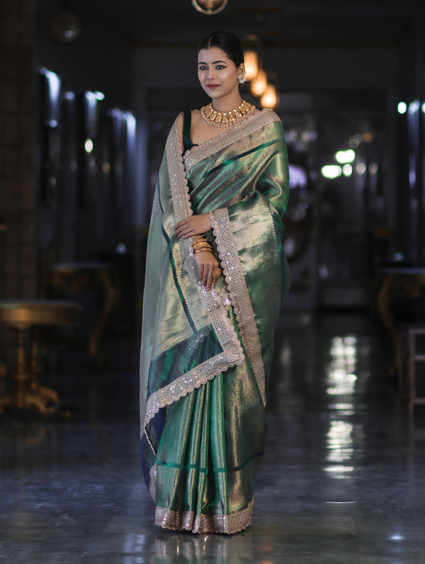 Banarasee Handloom Tissue Saree With Zari Weaving Floral Work & Lace Border-Green
