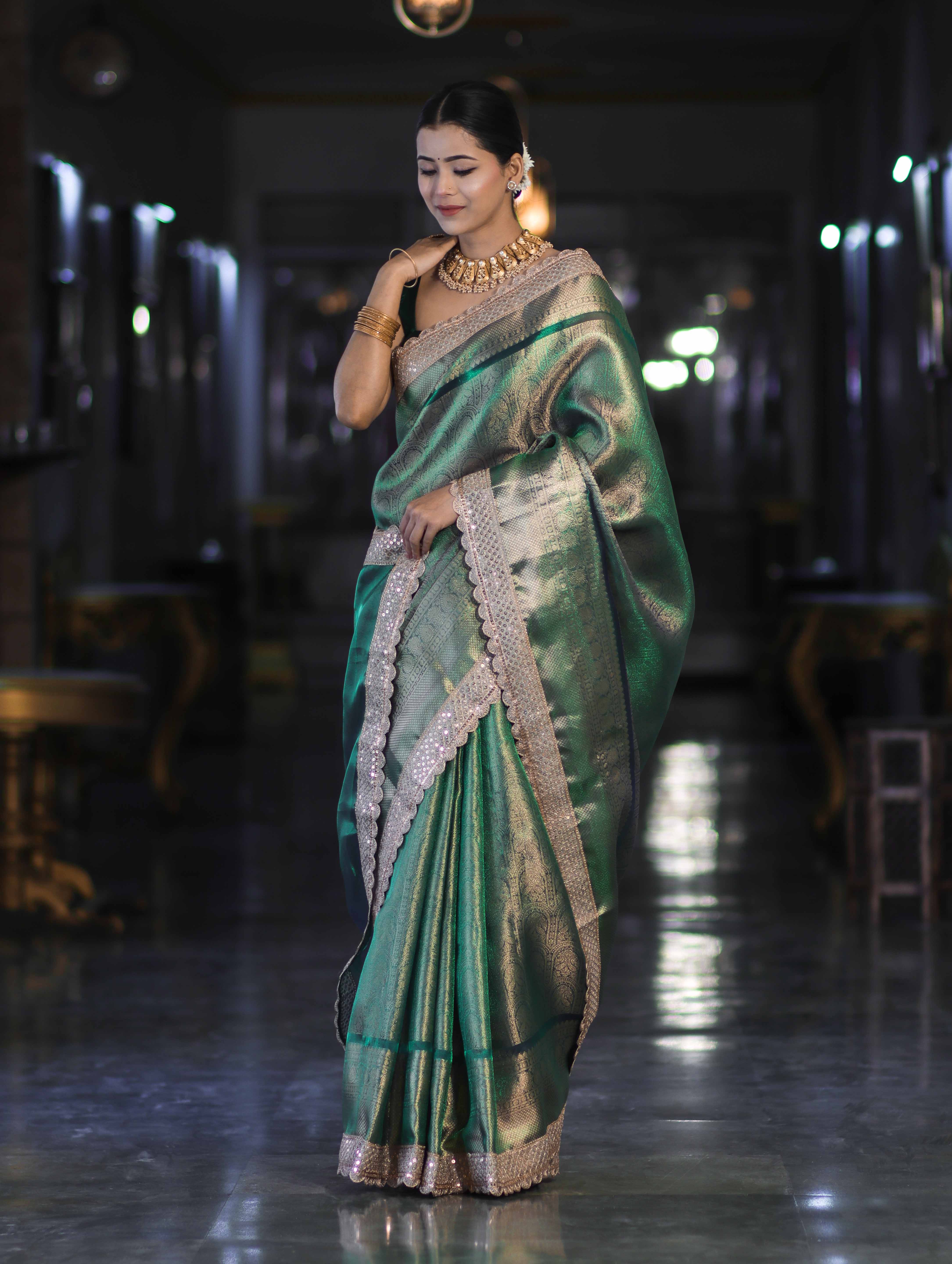 Banarasee Handloom Tissue Saree With Zari Weaving Floral Work & Lace Border-Green