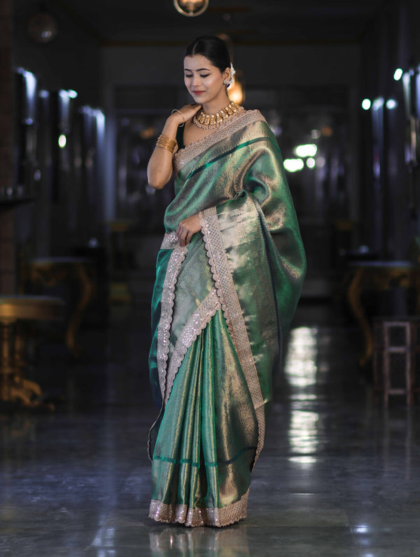 Banarasee Handloom Tissue Saree With Zari Weaving Floral Work & Lace Border-Green
