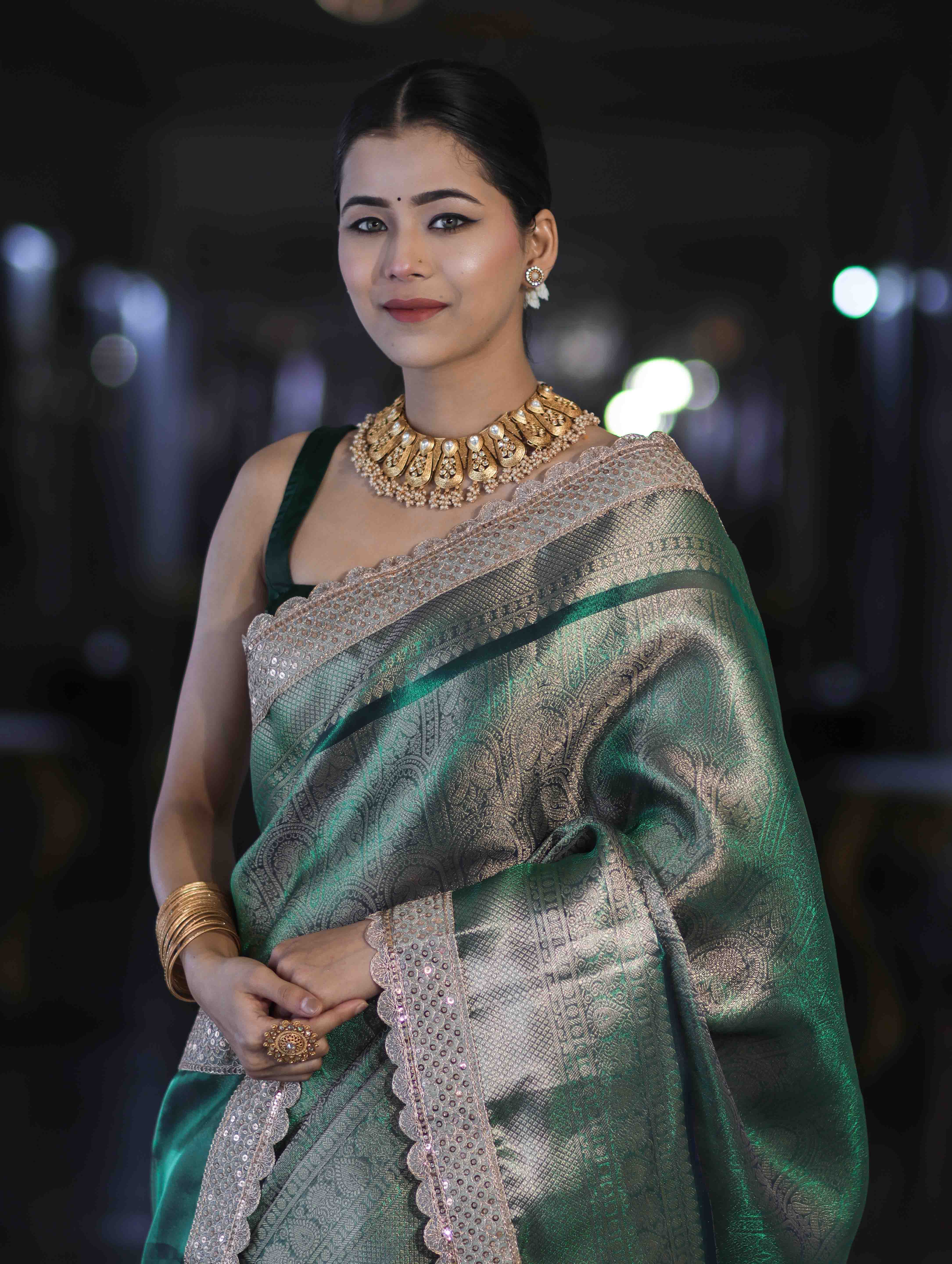 Banarasee Handloom Tissue Saree With Zari Weaving Floral Work & Lace Border-Green