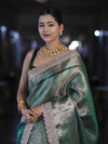 Banarasee Handloom Tissue Saree With Zari Weaving Floral Work & Lace Border-Green