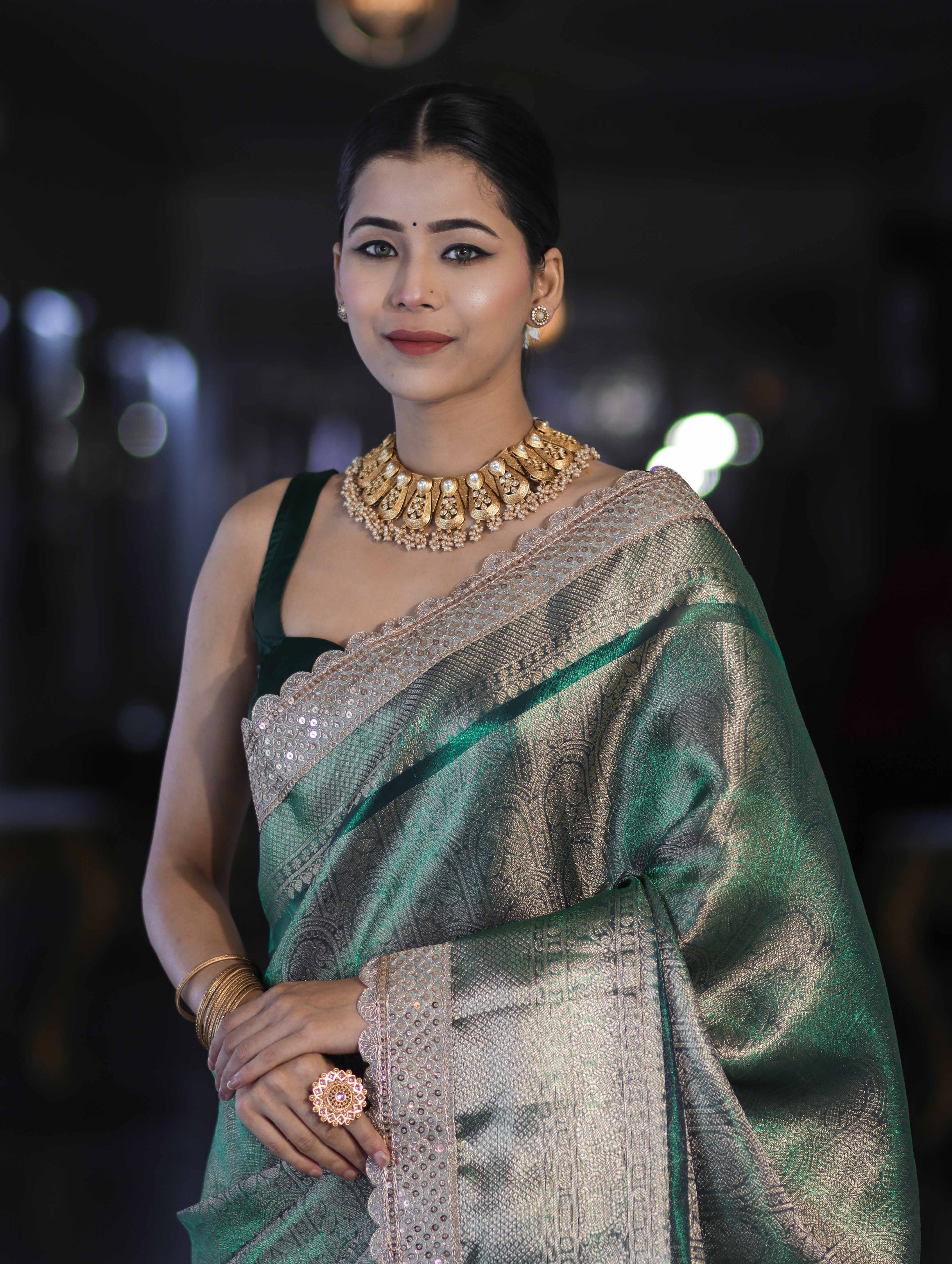 Banarasee Handloom Tissue Saree With Zari Weaving Floral Work & Lace Border-Green