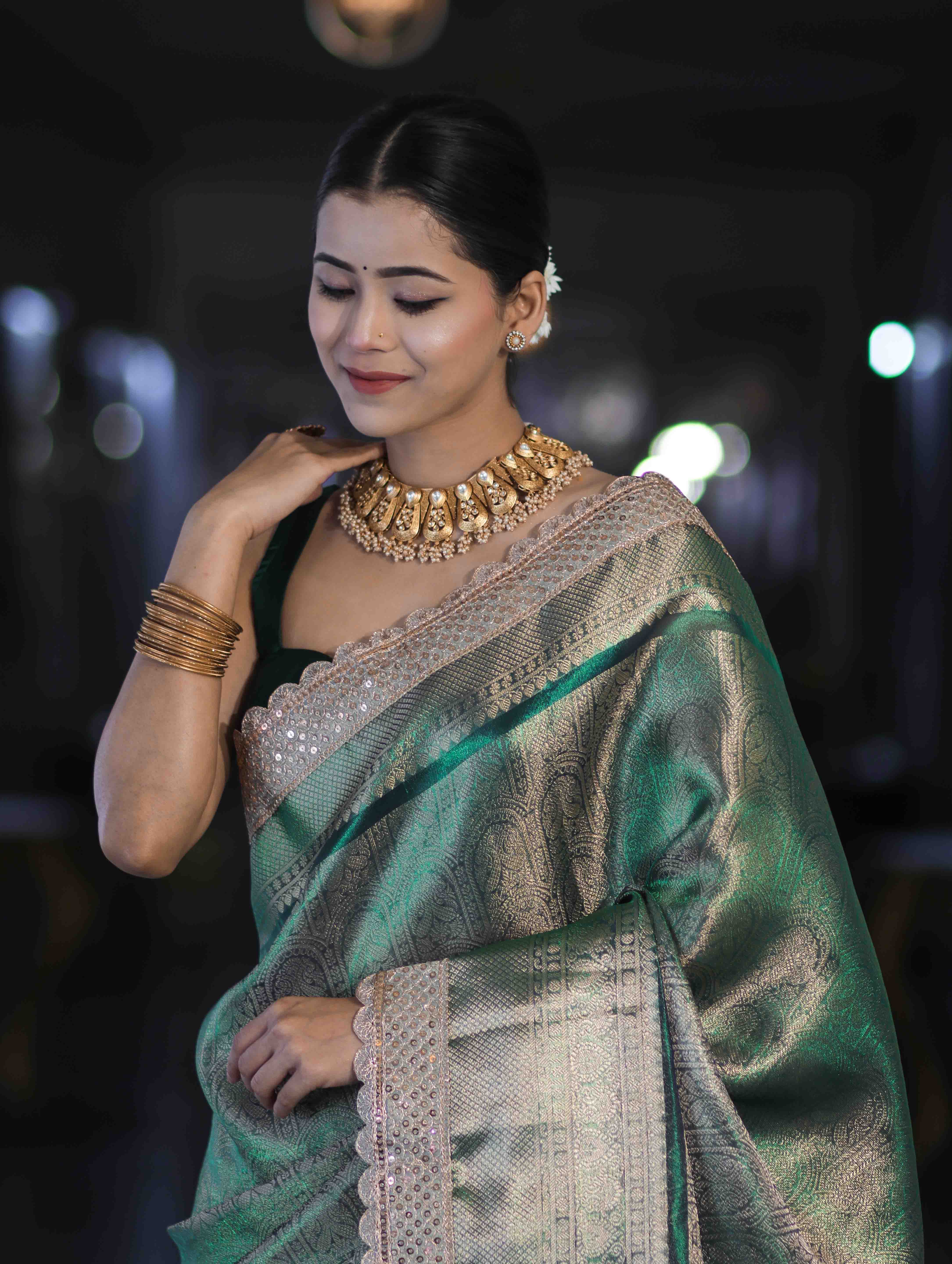 Banarasee Handloom Tissue Saree With Zari Weaving Floral Work & Lace Border-Green