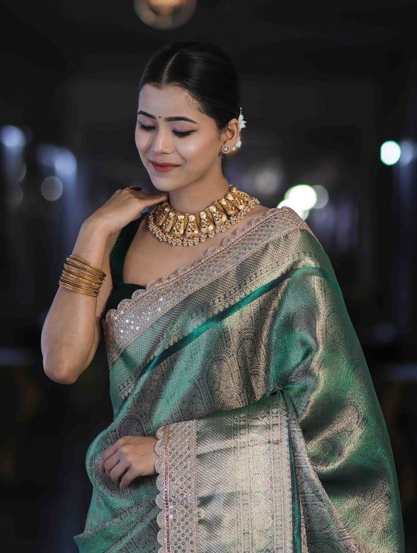 Banarasee Handloom Tissue Saree With Zari Weaving Floral Work & Lace Border-Green