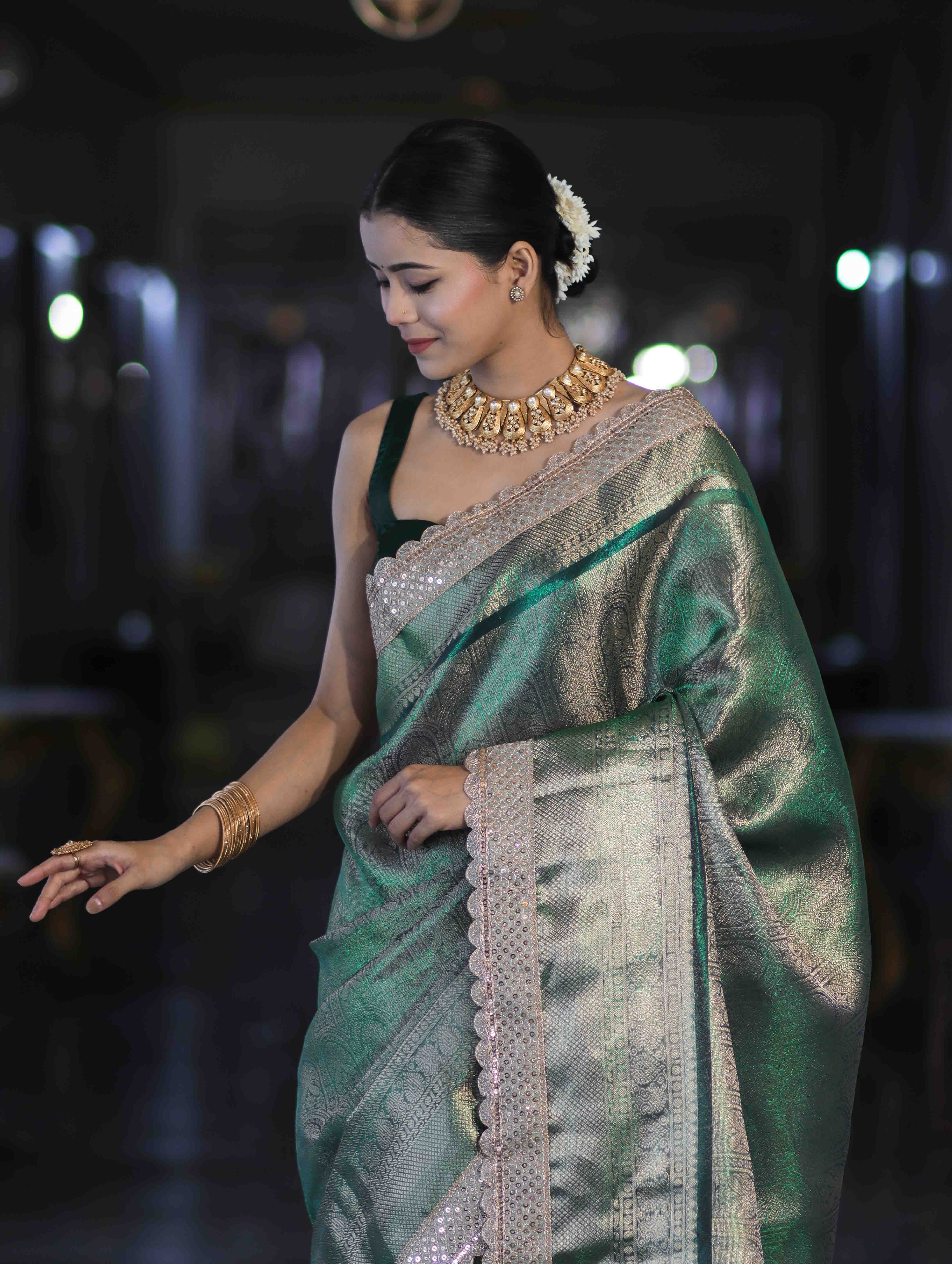 Banarasee Handloom Tissue Saree With Zari Weaving Floral Work & Lace Border-Green