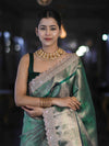 Banarasee Handloom Tissue Saree With Zari Weaving Floral Work & Lace Border-Green