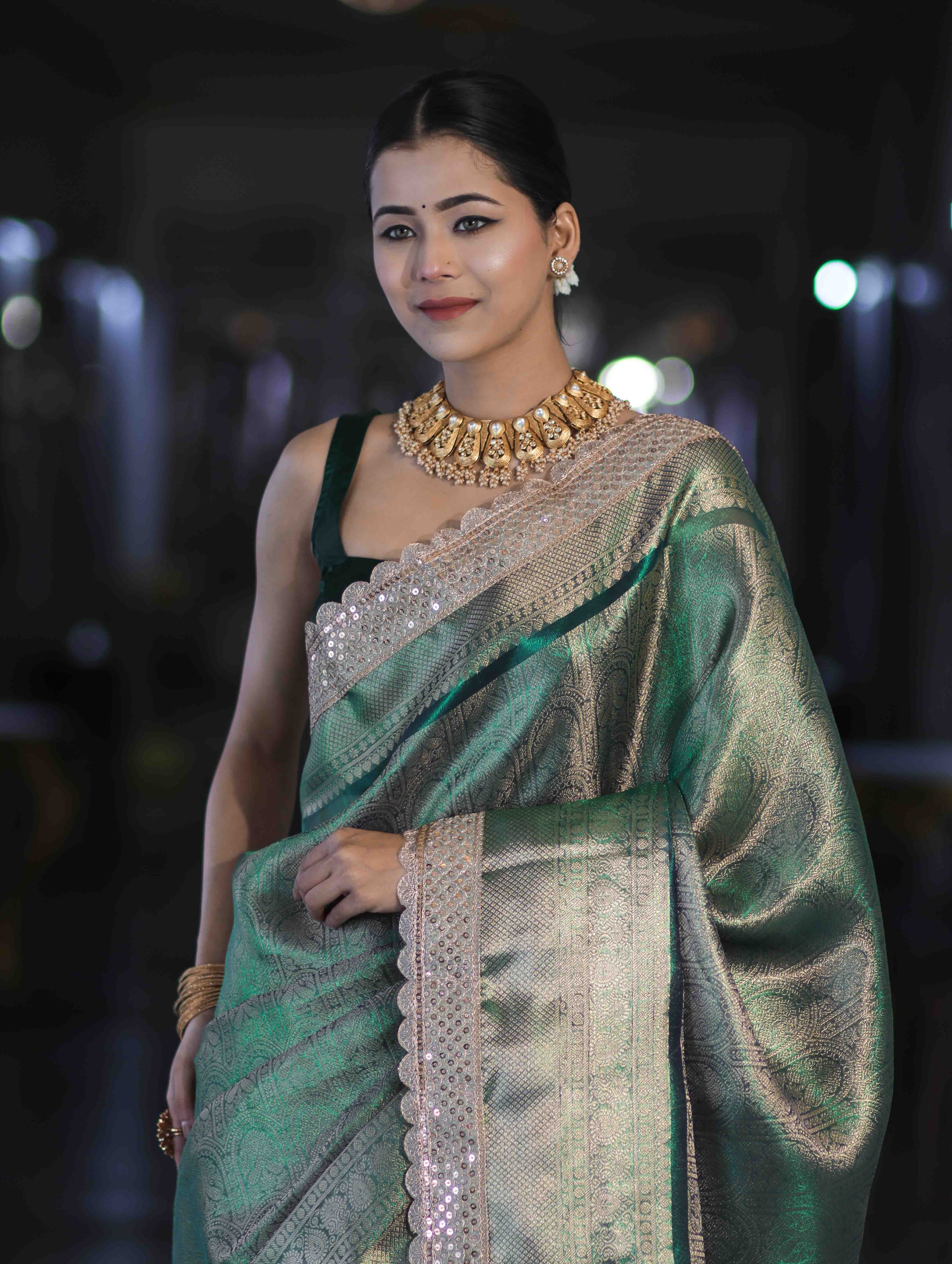 Banarasee Handloom Tissue Saree With Zari Weaving Floral Work & Lace Border-Green