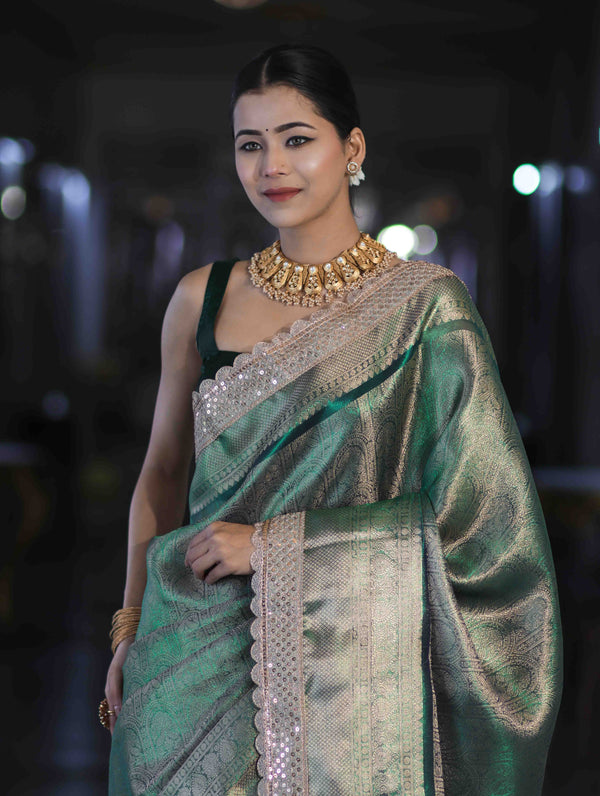 Banarasee Handloom Tissue Saree With Zari Weaving Floral Work & Lace Border-Green