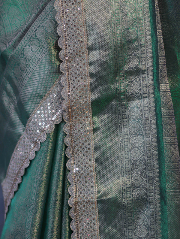 Banarasee Handloom Tissue Saree With Zari Weaving Floral Work & Lace Border-Green